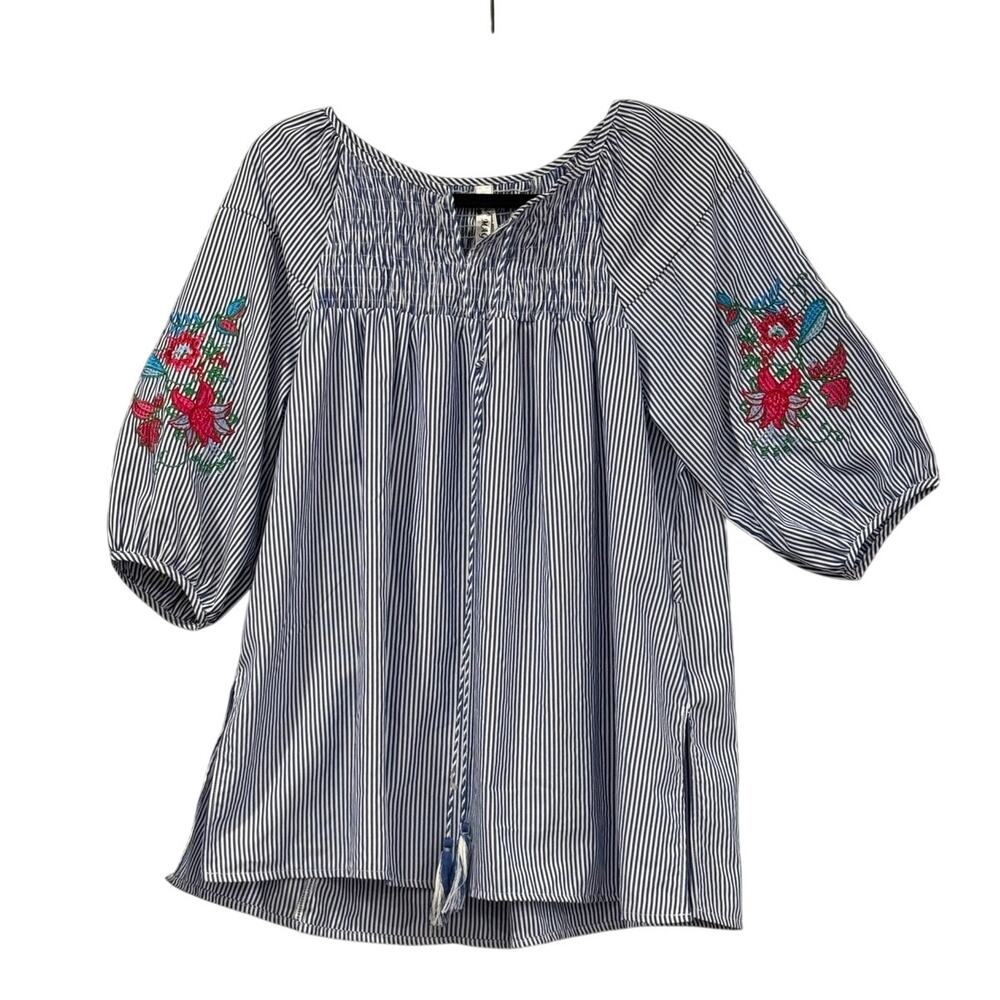 Festival Embroidered Peasant Blouse Womens Folk Stripe Smocked Tassel Size M Top